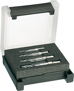 A50805: Assortimento di frese codolo cilindrico a 4 taglienti in metallo duro rivestite TiAlN elica con passo differenziato per inox e titanio; FORMAT_GT